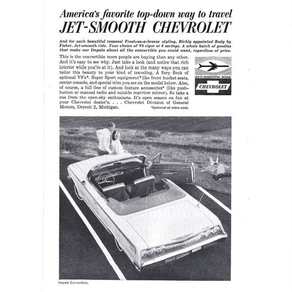 Jet Smooth Chevrolet Impala Convertible Car Auto 1960s Vintage Print Ad 9 inch - Picture 1 of 2